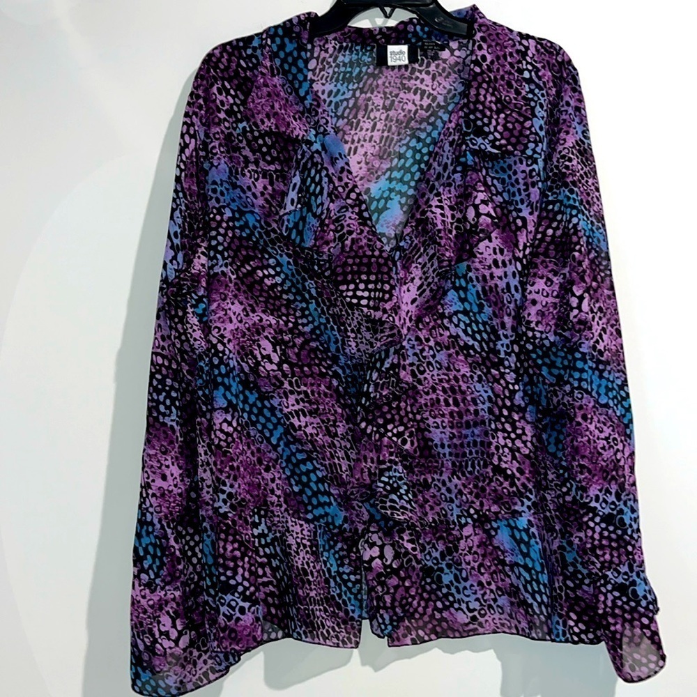 Studio 1940 purple black blue animal print sheer button down top. Size 1…